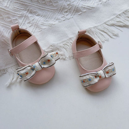 New Arrival Baby Girl Floral Embroidery Bow Toddler Soft-Sole Anti-Slip Walking Shoes-2