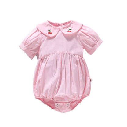 Baby Girl Solid Color Cherry Embroidered Design Puff Sleeved Onesies-3