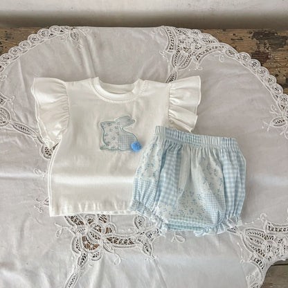 Summer New Arrival Baby Kids Girls Boutique Versatile Rabbit Pattern Fly Sleeves Top And Floral And Plaid Shorts, Clothing Set-3