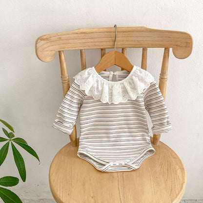 Autumn Striped Pattern Ruffle Neck Tops &amp; Onesies-2