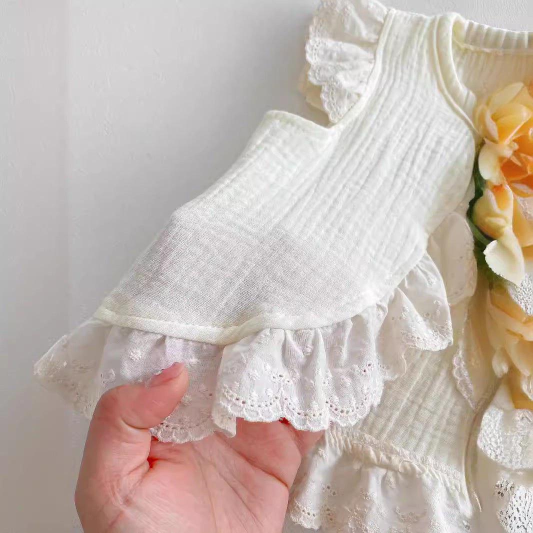Summer Hot Selling Baby Girls Fly Sleeves Hollow Out Lace Trim Open-Front Top Vest And Bloomers Clothing Set-3