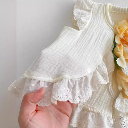 Summer Hot Selling Baby Girls Fly Sleeves Hollow Out Lace Trim Open-Front Top Vest And Bloomers Clothing Set-3