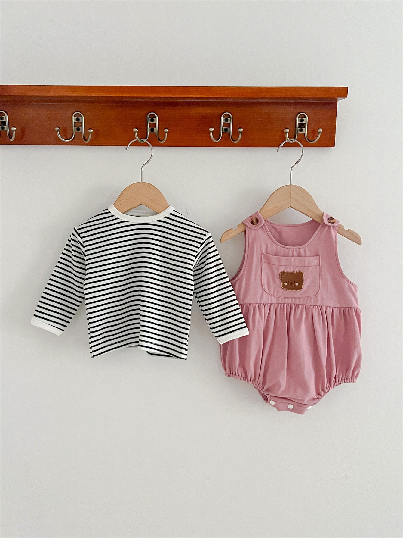 Baby Girls Cute Teddy Overalls Onesie And Striped Top Set-2