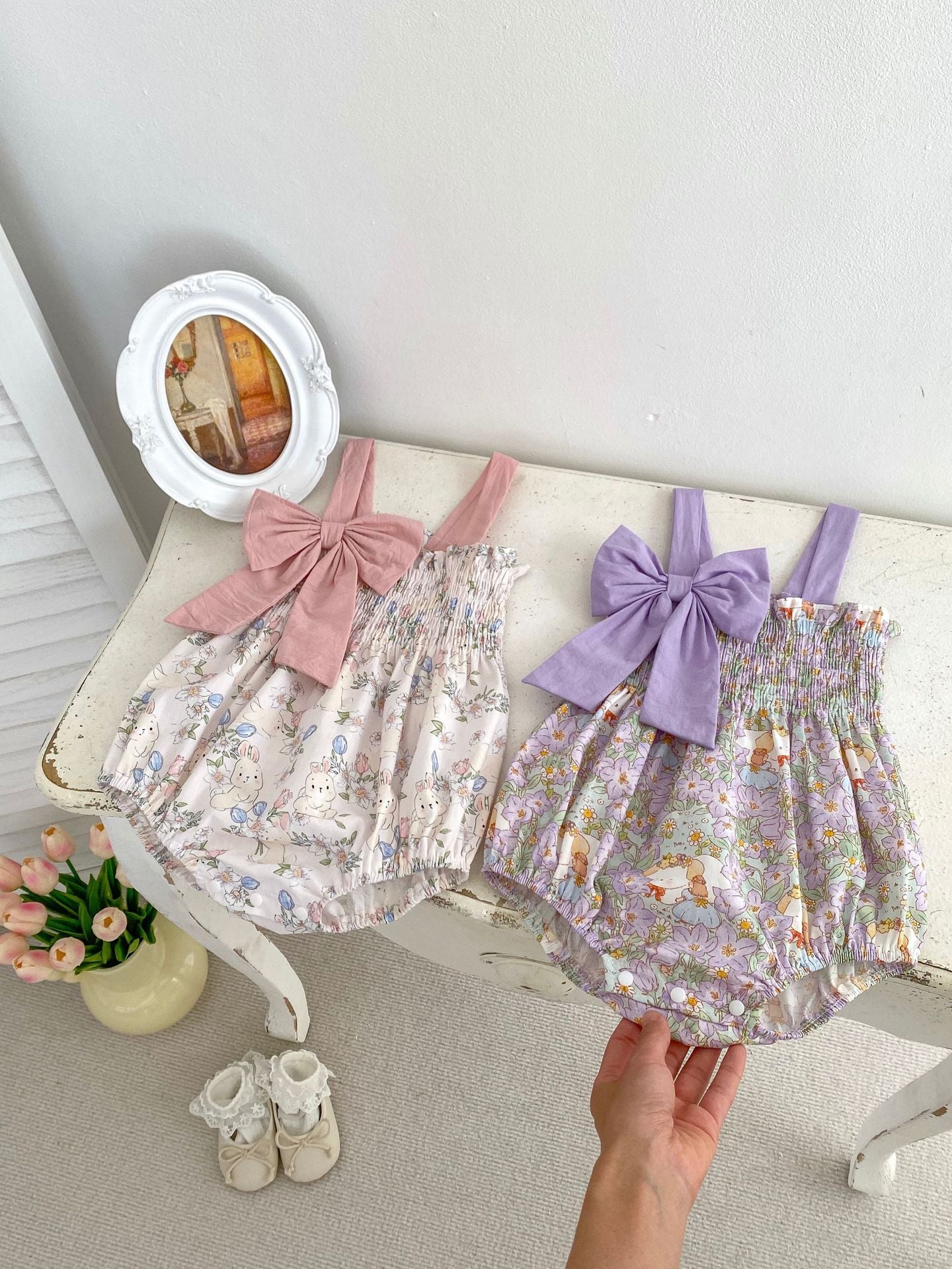 Summer Hot Selling Baby Girls Floral Cartoon Print Sleeveless Bows Strap Onesies-2