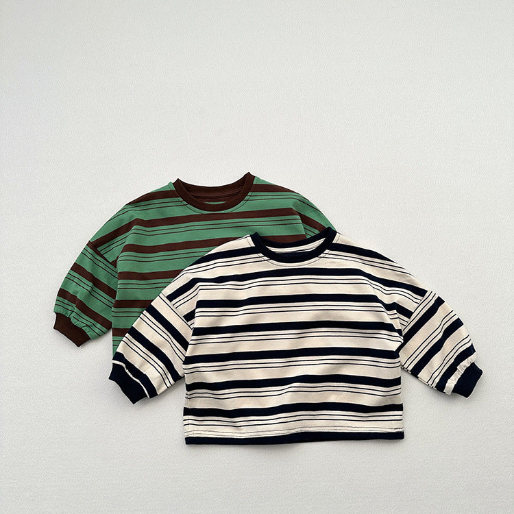 Baby Kids Boys Casual Striped Crew Neck Long Sleeve Loose Shirt-3