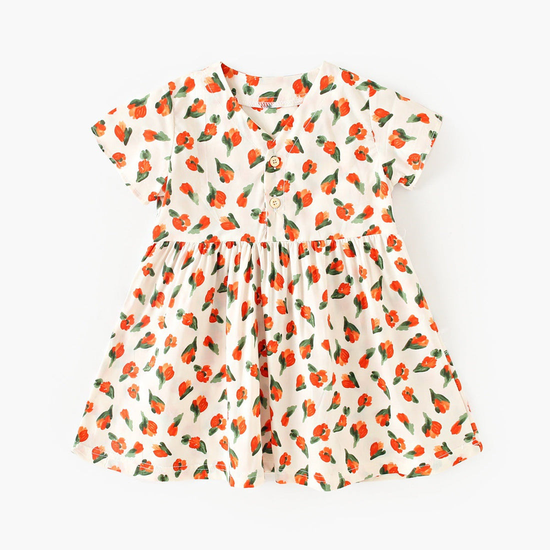 Summer New Arrival Baby Girls Elegant Floral Pattern Short Sleeves V Neck Dress-1