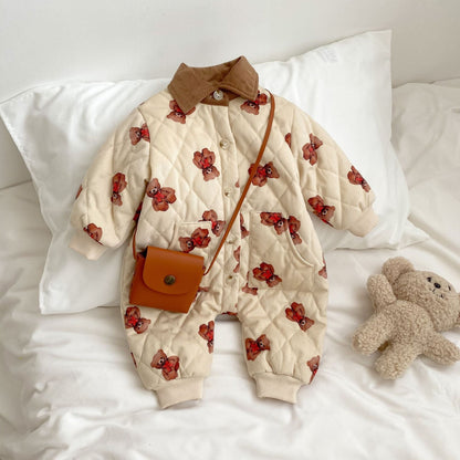 Baby Cartoon Bear Graphic Cute Style Quilted Warm Long Sleeve Dress &amp; Jumpsuit-3