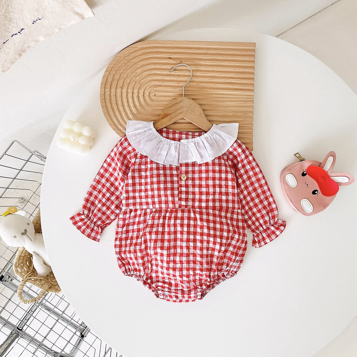 Baby Girl Plaid Pattern Ruffle Neck Design Triangle Sweet Onesies-2