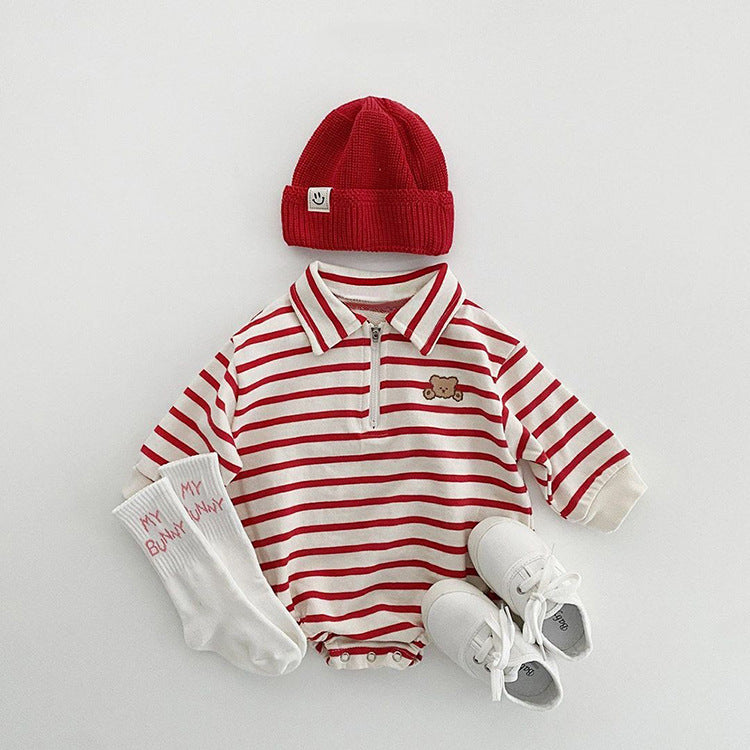 Baby Striped &amp; Cartoon Patched Graphic Polo Neck Long Sleeves Bodysuit Onesies-3