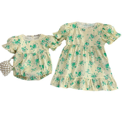 Summer Girls Green Floral Pattern Square Neck Onesies And Girls’ Dress – Princess Sister Matching Set-1