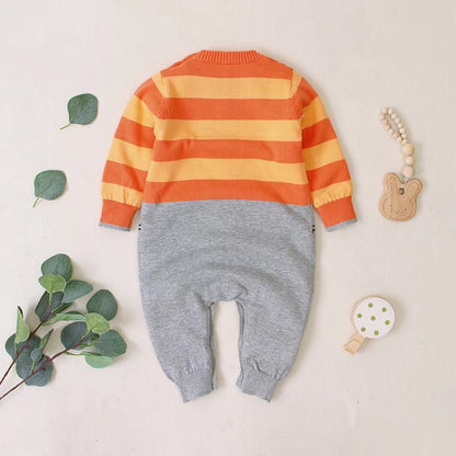 Baby Bunny Embroidery Striped Pattern Contrast Knitted Romper-3