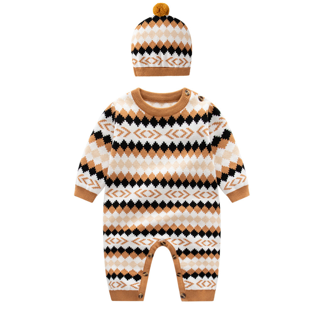 Baby Geometric Embroidered Pattern Long Sleeve Knitted Romper Jumpsuit-0