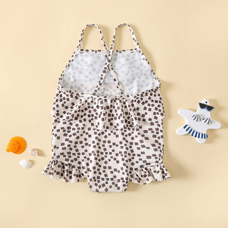 Baby Girl Floral Print Pattern Lace Design Sling Swimsuit Onesies In Summer-3