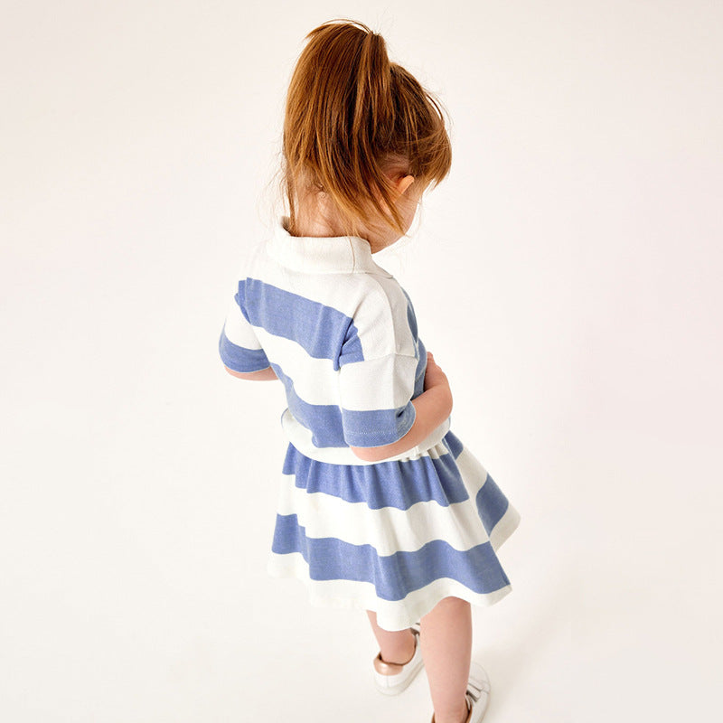 Baby Girl Striped Pattern Polo Neck Shirt With Skirt Sets In Summer-3