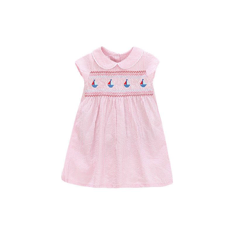 Summer Baby Girls Sleeveless Sailboat Pattern Striped Dress-1