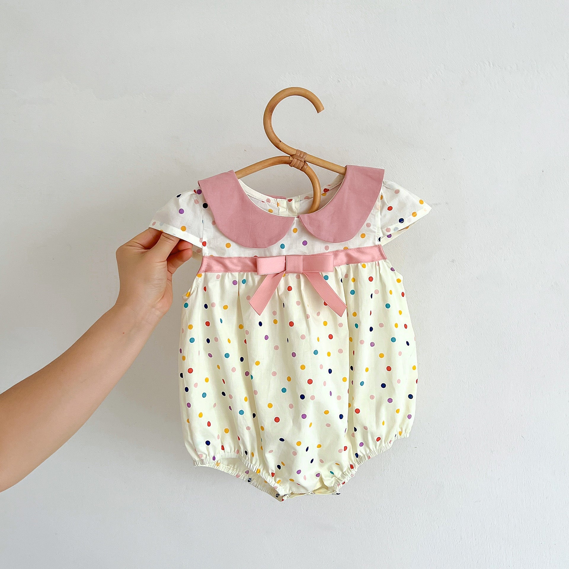 Hot Selling Summer Girls Colorful Dots Pattern Peter Pan Collar Thin Onesies-3