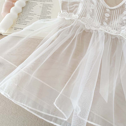 Spring Baby White Embroidery Lace Mesh Princess Onesie Dress For Girls-4