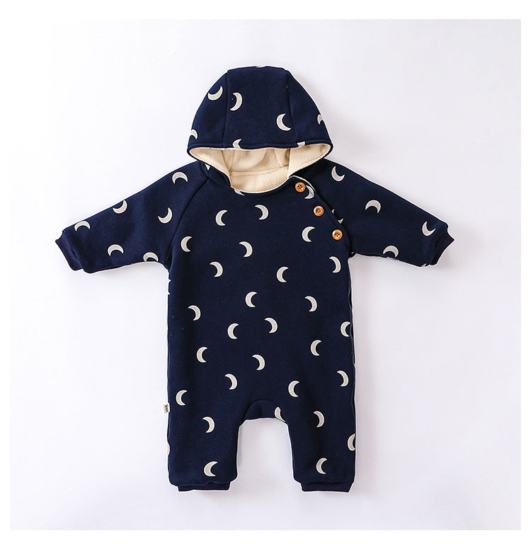 Baby Unisex Moon Print Cotton Padded Thickened Winter Hoodie Romper-3