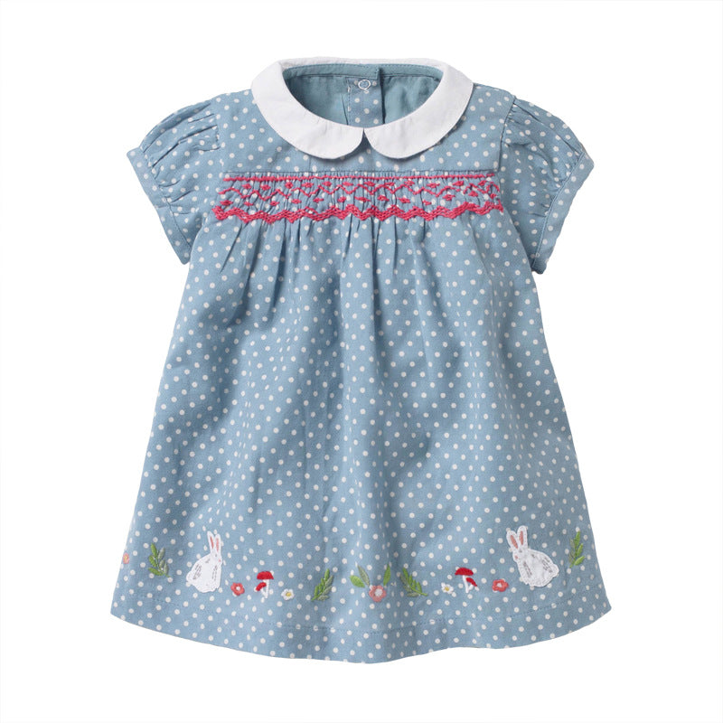 Summer New Arrival Girls Short Sleeves Rabbits Cartoon White Dots Peter Pan Collar Dress-1