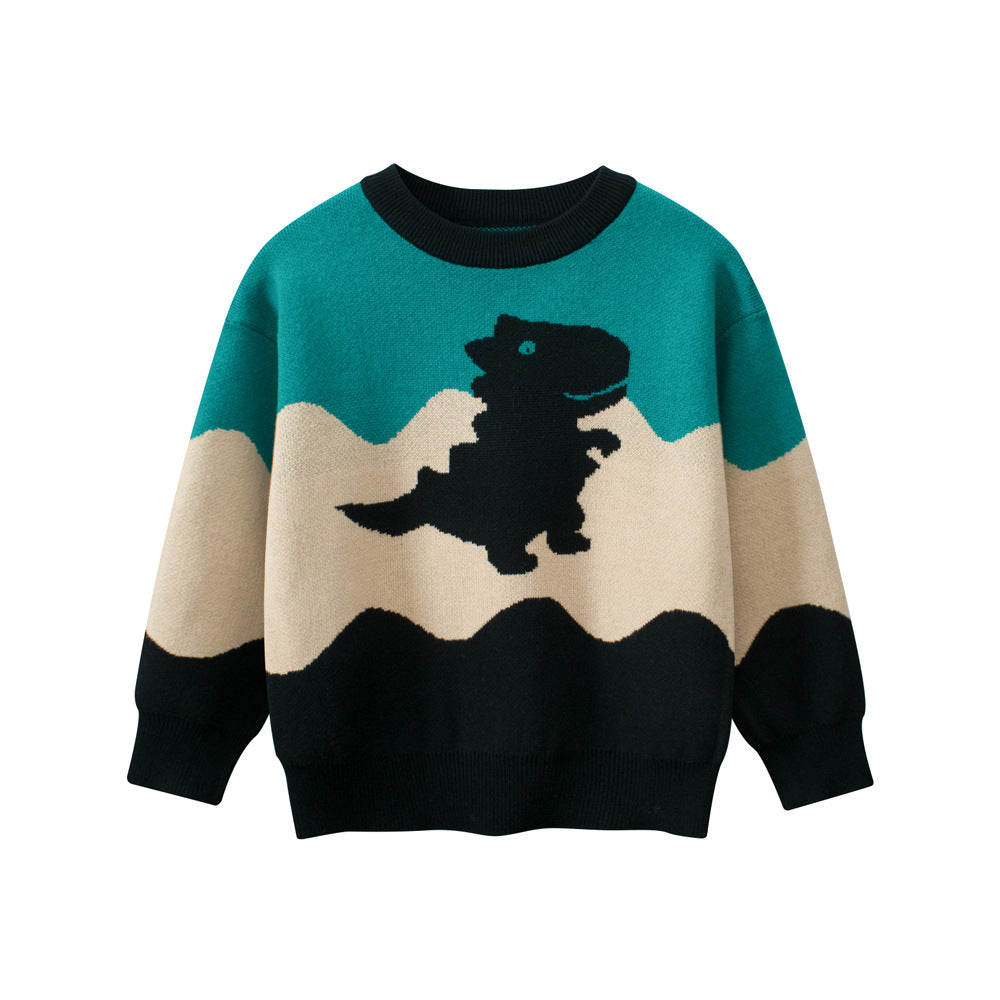 Baby Boy Kids Dinosaur Pattern Crew Neck Long Sleeves Color Patchwork Knitwear Pullover-3