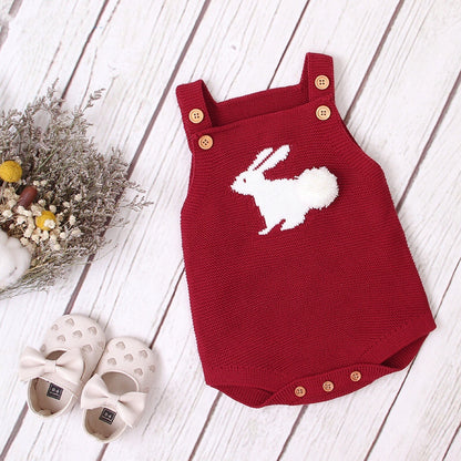 Baby Girl 1pcs 3D Bunny Embroidered Graphic Strap Knitted Onesies Bodysuit-2