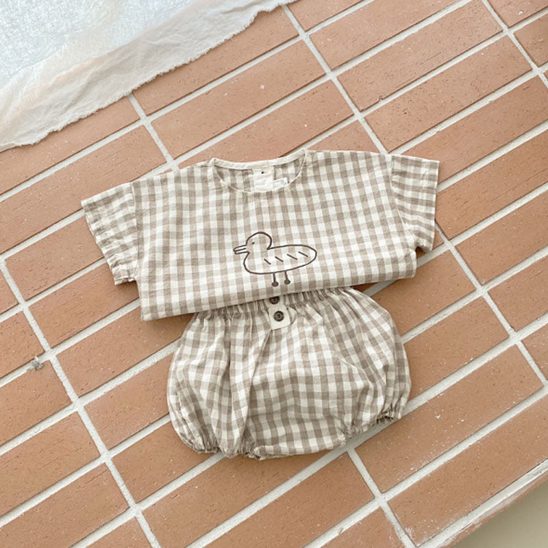 Baby Girl Plaid Polka Dot Pattern Duckling Print Short Sleeved Top Combo Pants Sets-3