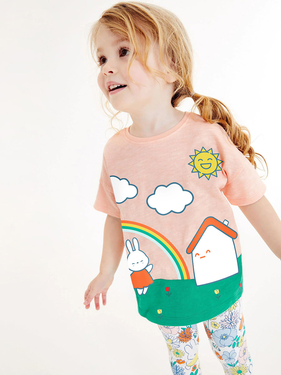 Girls Sunny Day Cartoon T-Shirt And Floral Pants Set-4