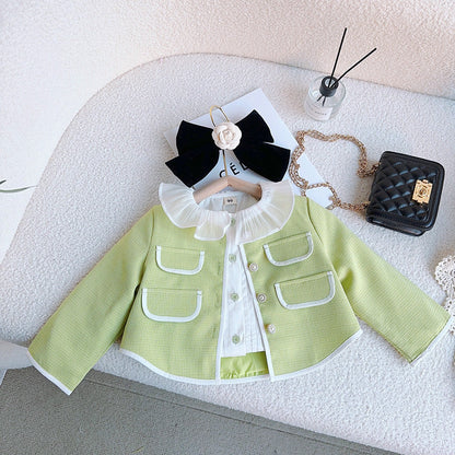 Girls Solid Green Ruffle Lace Neck Pockets Cardigan&amp;Skirt Casual Sets-3