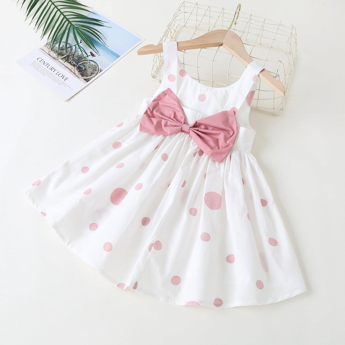 Baby Girls Polka Dot Pattern Sleeveless Round Collar Dress With Bow Decoration-1