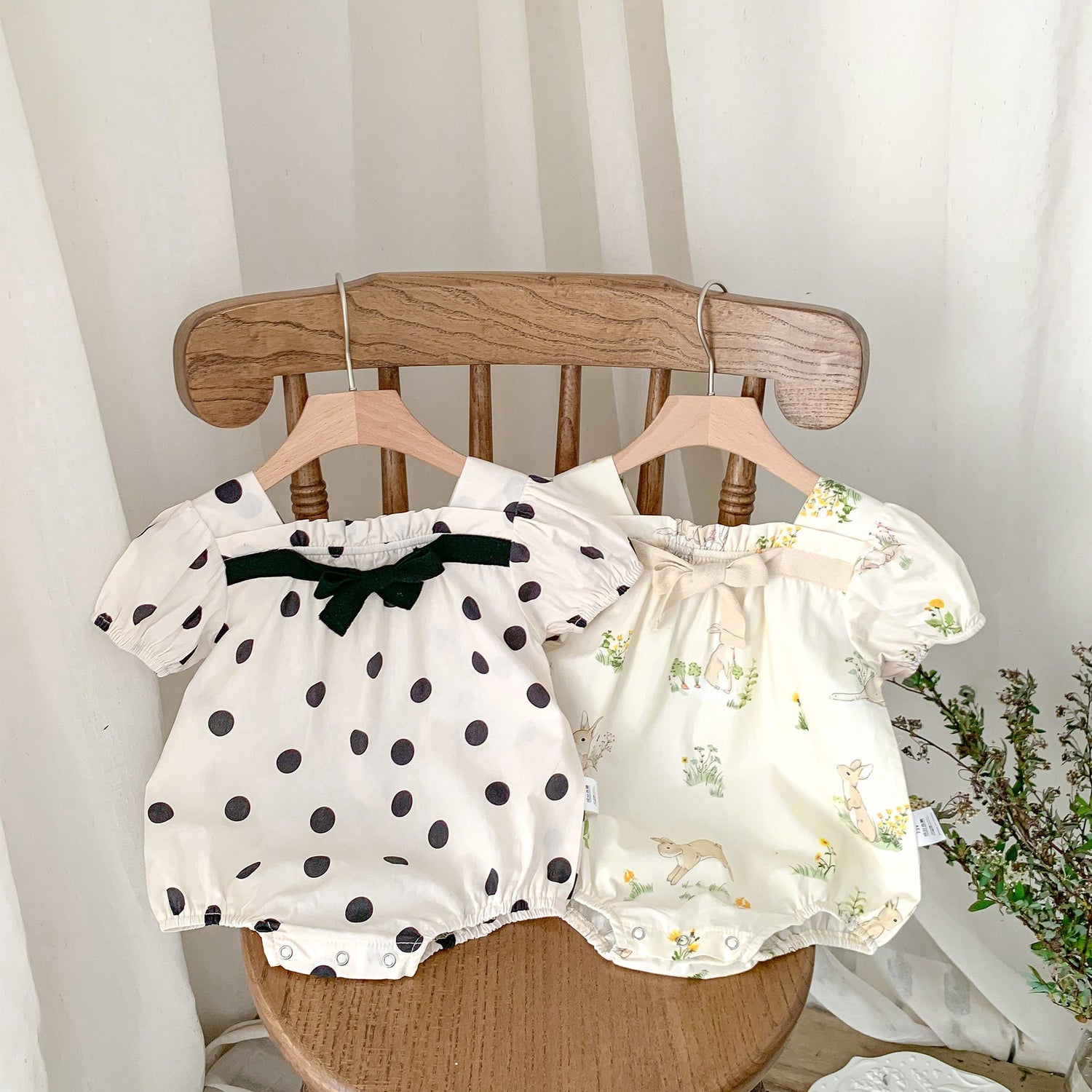 Summer Hot Selling Baby Girls Short Sleeves Square Neck Rabbits/Polka Dots Print Onesie-2