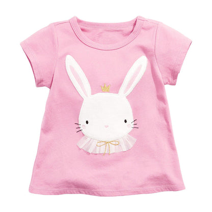 Baby Girl Rabbit Cartoon Pink Short Sleeve O-Neck Cotton Summer T-Shirt-0