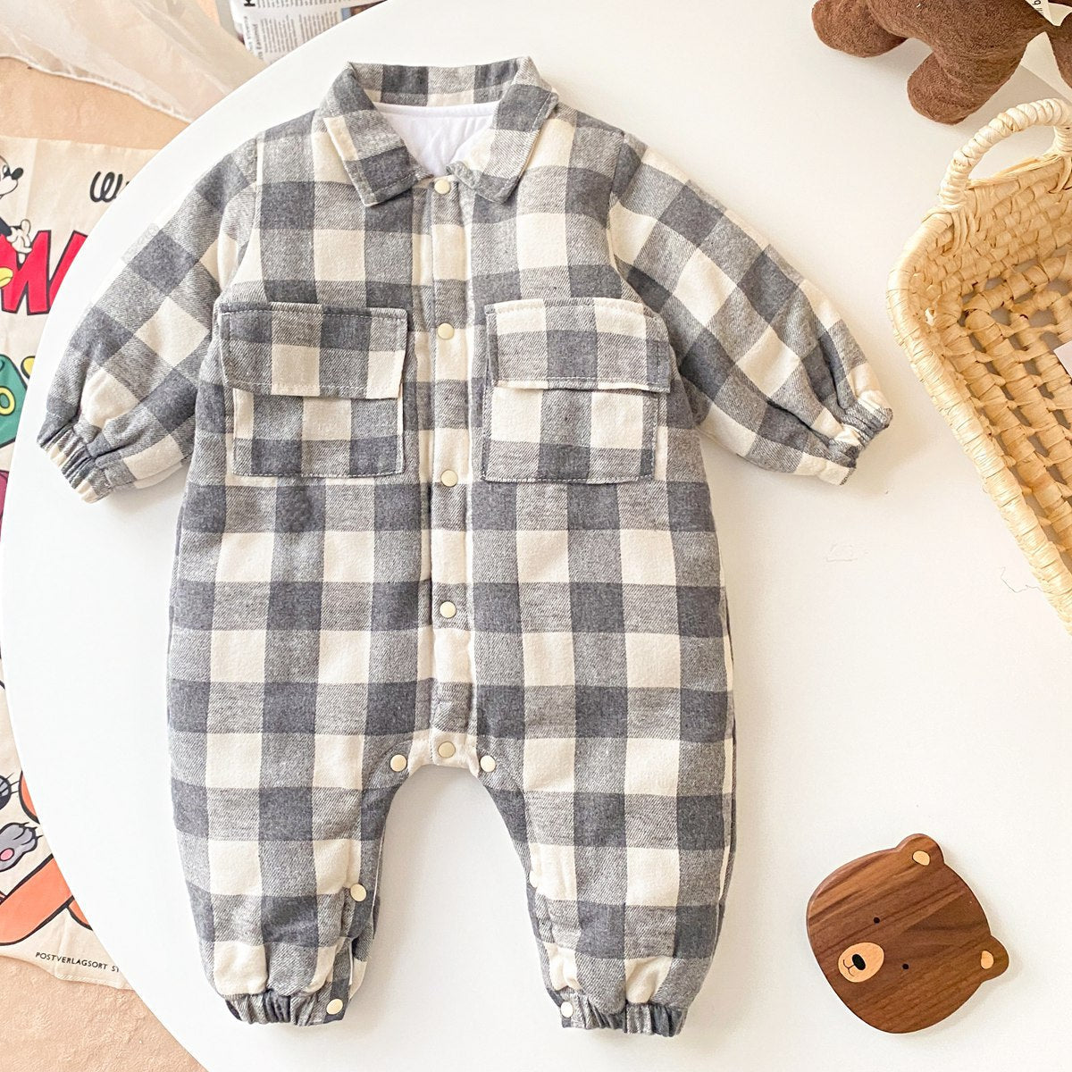 Baby Boy Plaid Pattern Snap Button Front Long-sleeved Thick Rompers-3