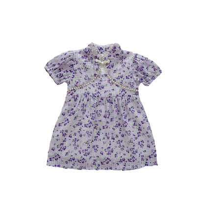 New Arrival Summer Girls Dense Floral Pattern Short Sleeves Beaded Design Dress-2