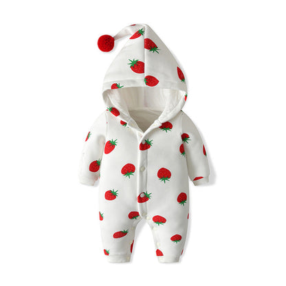 Baby Girl Strawberries Pattern Button Front Double Quilted Romper With Hat-2