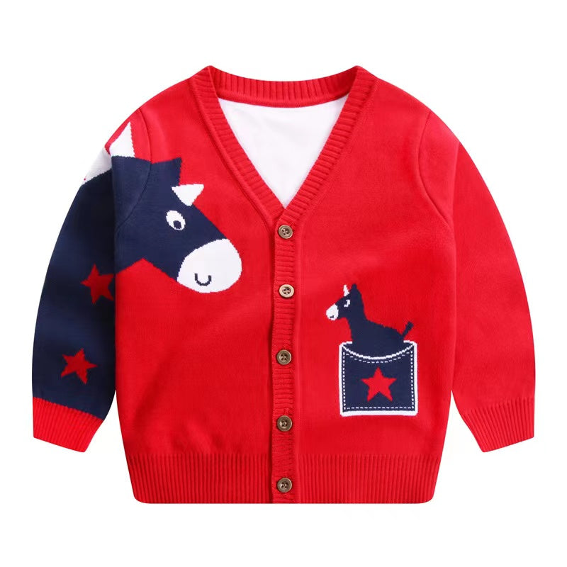 Baby Boy Cartoon Animal Embroidered Pattern Button Front V-Neck Cardigan-3