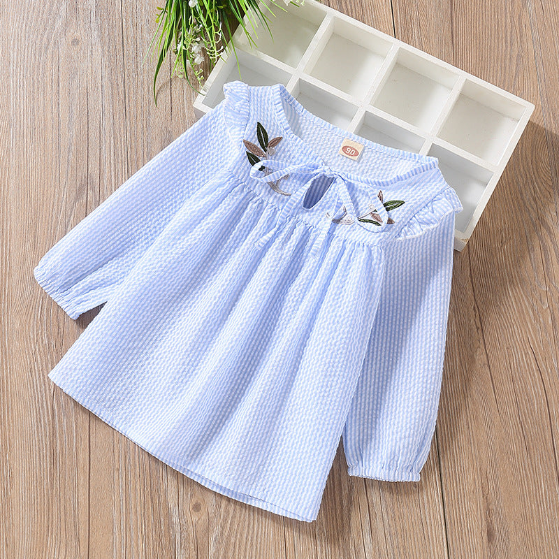 Baby Girl Embroidery Pattern Bow Tie Design Striped Long Sleeve T-Shirt-3