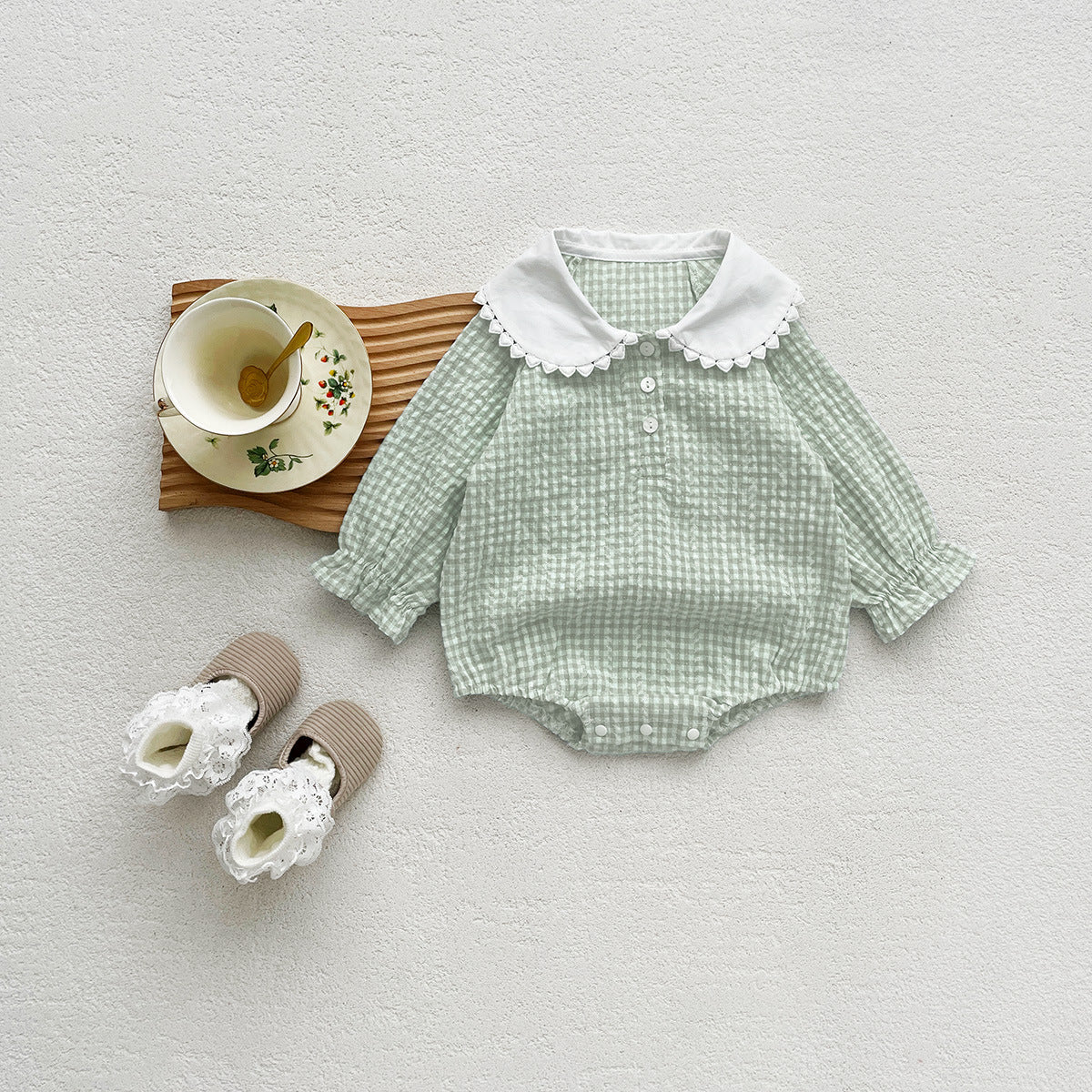 Spring New Arrival Baby Girls Green Plaid Onesie-3