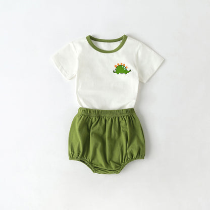 Baby Cartoon Dinosaur Pattern Contrast Neck Tee Combo Solid Shorts Sets-3