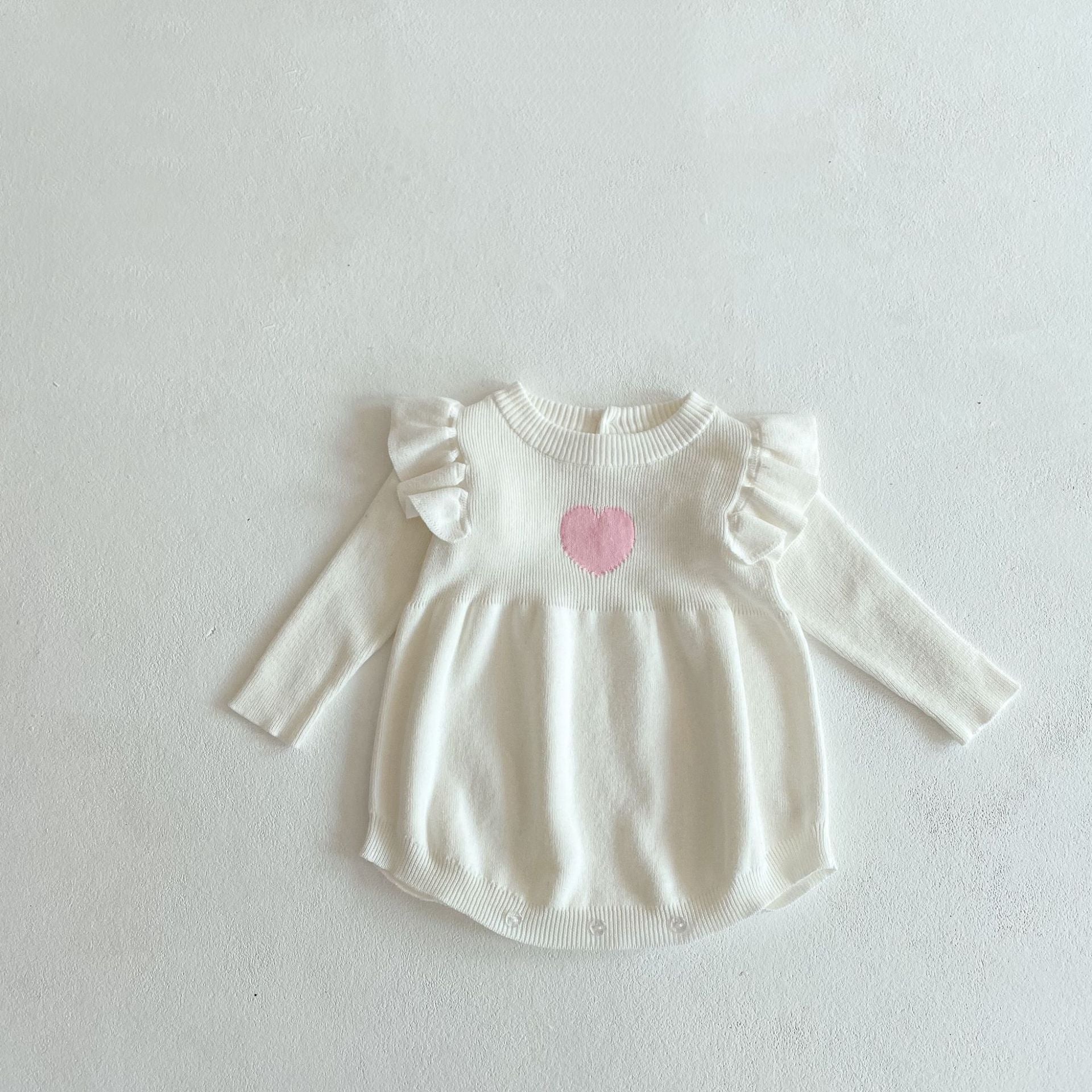 Baby Girl 1pcs Heart Embroidered Pattern Ruffle Long Sleeve Knit Onesies-2