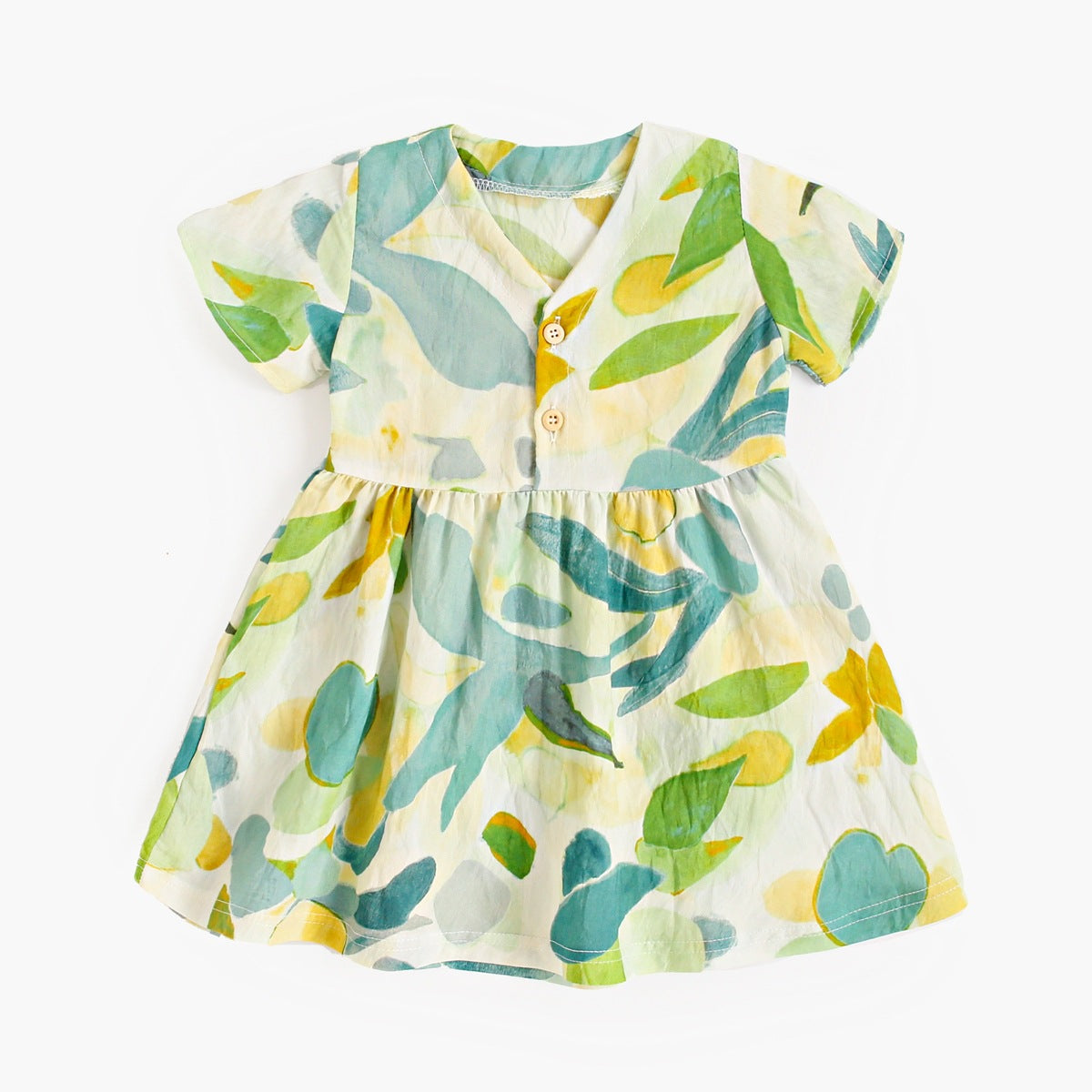 Summer New Arrival Baby Girls Casual Leaves Print Short Sleeves V Neck Dress-2