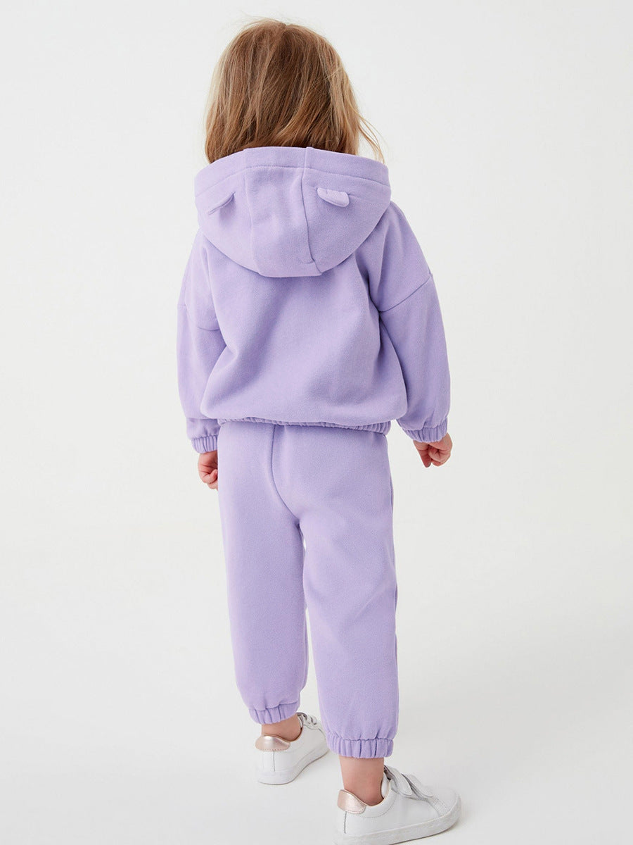 Girls Cozy Solid Color Rabbit Design Zip-Up Hoodie And Pants 2-Piece Set-2