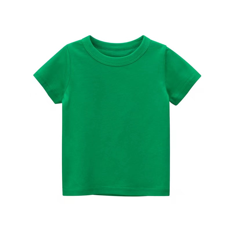 Baby Kids No Pattern Solid Color Short-Sleeved Tops In Summer Outfit Wearing-3