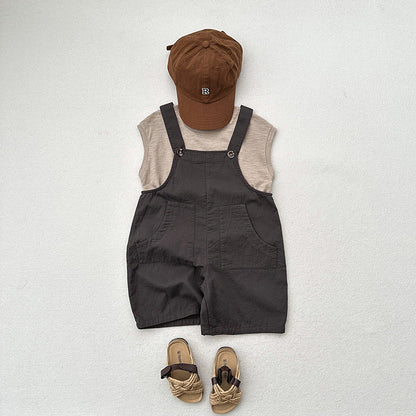 New Arrival Summer Baby Kids Unisex Solid Color Cotton Overalls-3