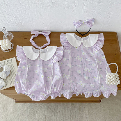 New Arrival Summer Girls Flowers Pattern Fly Sleeves Peter Pan Collar Onesies And Dress – Sister Matching Clothing Set-4