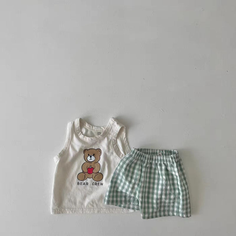 Baby Bear Print Pattern Tops With Plaid Shorts Sets-3