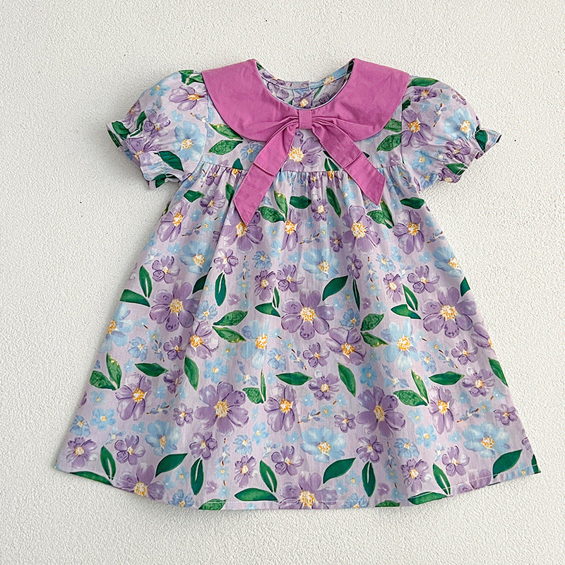 New Arrival Summer Girls Floral Print Short Sleeves Bow Design Collar Dress-2