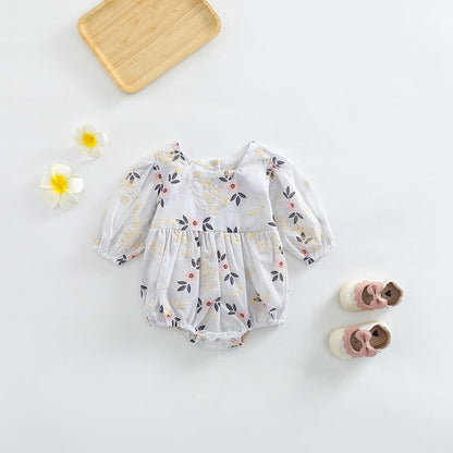 Baby Girl Floral Embroidered Pattern Square Collar Bodysuit-3