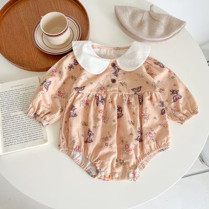 Baby Girl Flower &amp; Deer Pattern Doll Neck Cotton Bodysuit-3