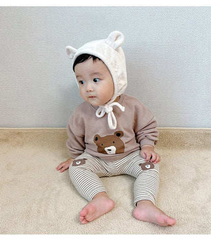 Baby Cartoon Bear Pattern Solid Color Or Striped Design Cotton Pants-3