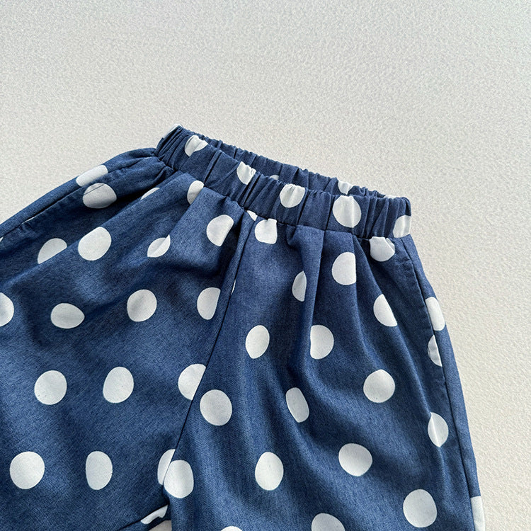 Summer New Arrival Casual Unisex Blue Denim Polka Dots Thin Shorts-4